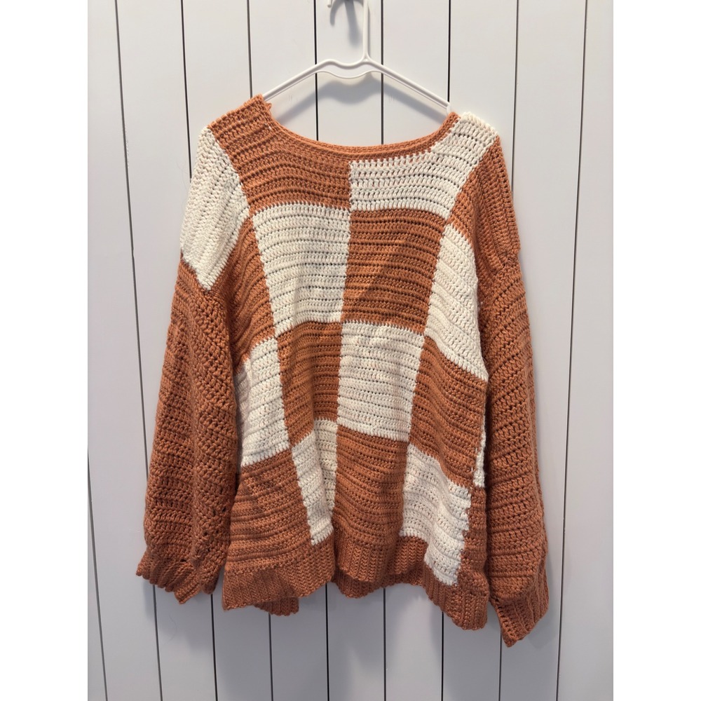 Handmade Crochet Sweater Womens Orange Checkered Boho Cottagecore Pullover